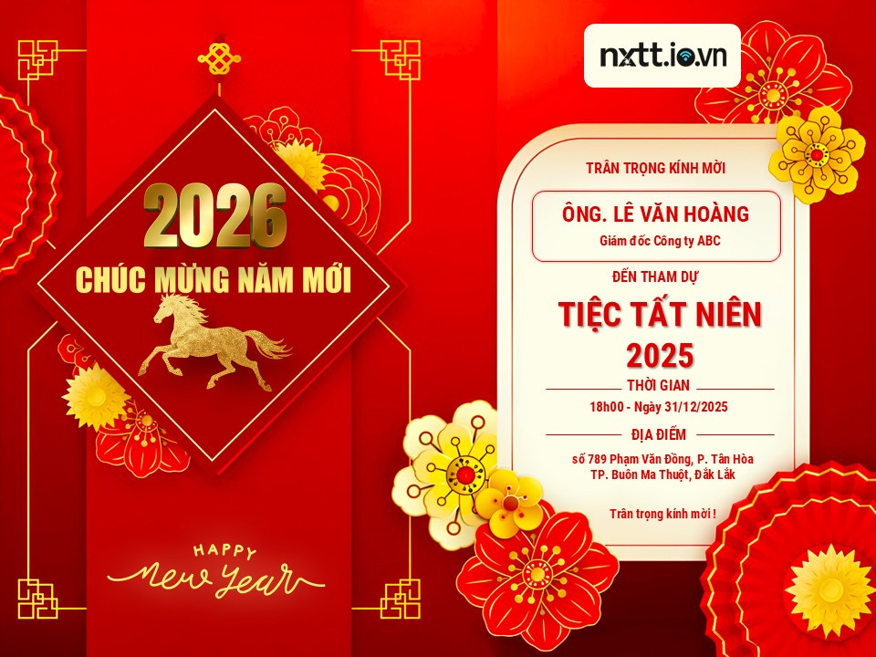 Thiệp Mời Tiệc Tất Niên 2025 - Chào Xuân Bính Ngọ 2026: Mẫu Slide PowerPoint Tông Đỏ Sang Trọng